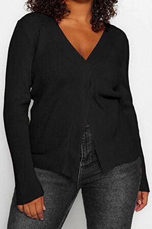 Stil Modern Kadın Regular Standart Kol V Yaka Büyük Beden Önü Düğüm Detaylı Triko Kazak