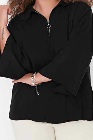 Büyük Beden Kadın Modern Tarz Rahat Uzun Polo Yaka Düz Kol Regular Triko Kazak