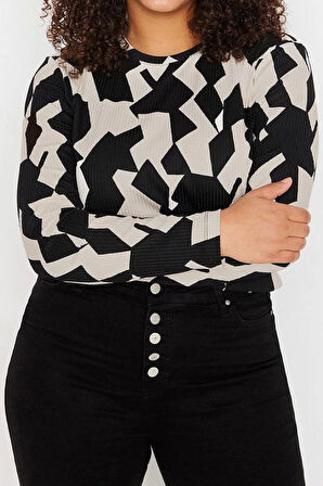 Moda Büyük Beden Bisiklet Yaka Örme Fit Düz Desen Casual Günlük Regular Uzun Kol Bluz