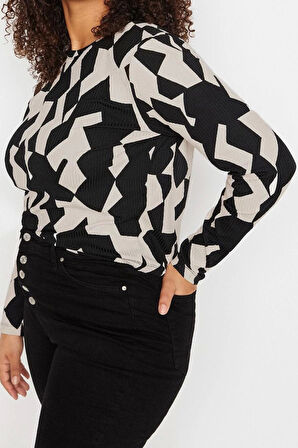 Moda Büyük Beden Bisiklet Yaka Örme Fit Düz Desen Casual Günlük Regular Uzun Kol Bluz