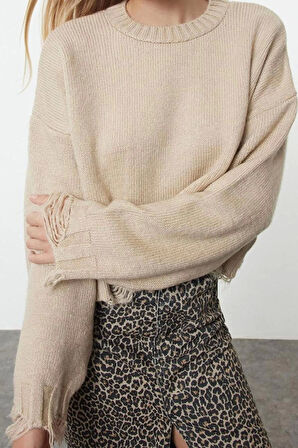 Stil Modern Kadın Crop Düşük Kol Bisiklet Yaka Süper Geniş Kalıp Yumuşak Dokulu Triko Kazak