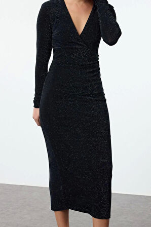 Moda Stil Fitted Kruvaze Midi Boy Vücuda Oturan V Yaka Simli Örme Elbise