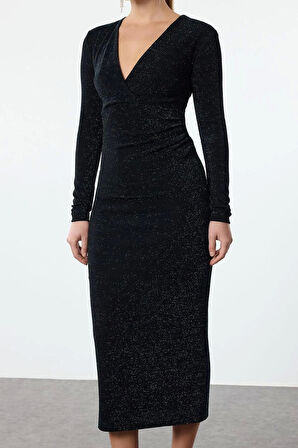 Moda Stil Fitted Kruvaze Midi Boy Vücuda Oturan V Yaka Simli Örme Elbise