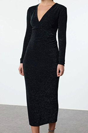 Moda Stil Fitted Kruvaze Midi Boy Vücuda Oturan V Yaka Simli Örme Elbise