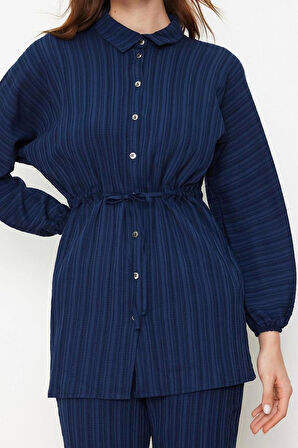 Tarz Kadın Modern Moda Normal Bel Boru Paça Gömlek Yaka Krinkıl Gömlek Pantolon Dokuma Alt Üst Takım