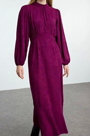 Moda Stil Regular Bisiklet Yaka Maxi Boy Tesettür Jakarlı Çiçekli Dokuma Elbise