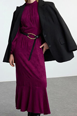 Moda Stil Regular Bisiklet Yaka Maxi Boy Tesettür Jakarlı Çiçekli Dokuma Elbise