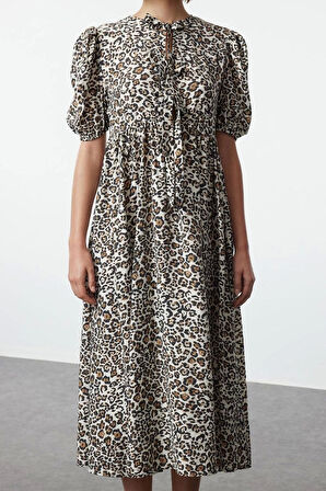 Moda Stil Relaxed Bisiklet Yaka Maxi Boy A-line Dokuma Elbise