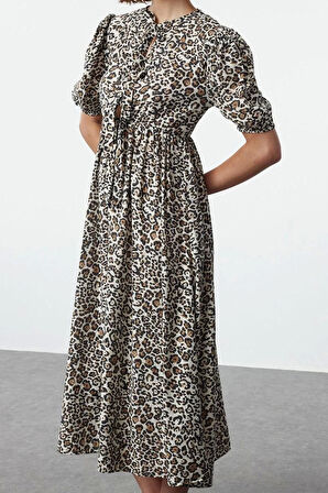 Moda Stil Relaxed Bisiklet Yaka Maxi Boy A-line Dokuma Elbise