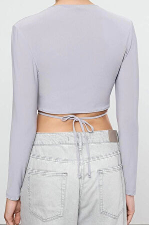 Stil Kadın Yaka Fitted Vücuda Oturan Esnek Bluz Crop Örme Slim Kalıp
