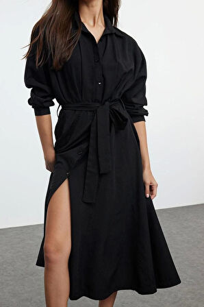 Moda Stil Regular Gömlek Yaka Midi Boy Kuşaklı Çizgili Dokuma Gömlek Elbise