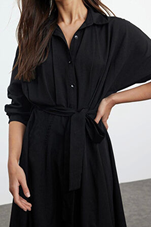 Moda Stil Regular Gömlek Yaka Midi Boy Kuşaklı Çizgili Dokuma Gömlek Elbise