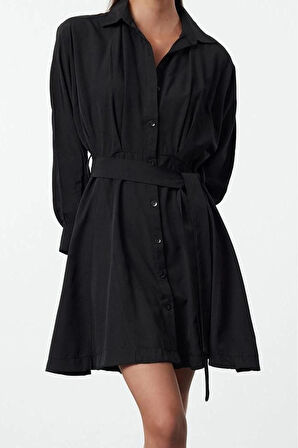 Moda Stil Regular Gömlek Yaka Mini Boy Kuşaklı Çizgili Dokuma Gömlek Elbise