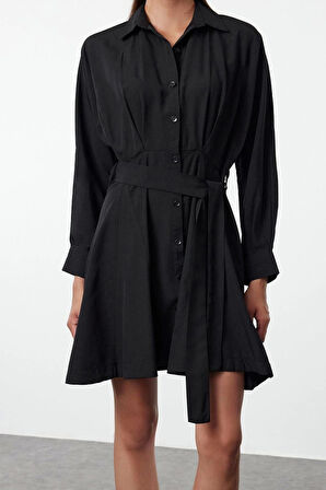 Moda Stil Regular Gömlek Yaka Mini Boy Kuşaklı Çizgili Dokuma Gömlek Elbise