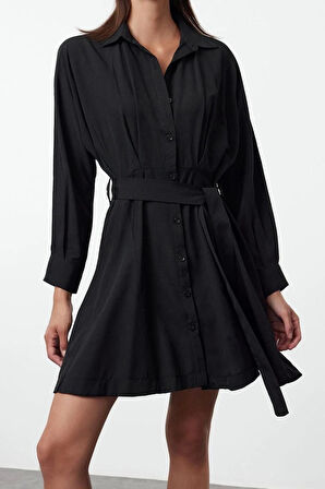 Moda Stil Regular Gömlek Yaka Mini Boy Kuşaklı Çizgili Dokuma Gömlek Elbise