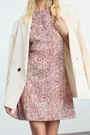 Moda Stil Regular Bisiklet Yaka Mini Boy Leopar Desenli Düz Kesim Saten Dokuma Elbise