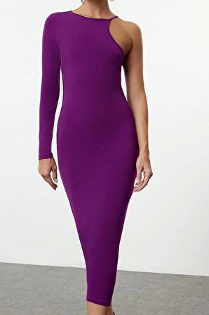 Moda Stil Fitted Asimetrik Yaka Midi Boy Vücuda Oturan Tek Kol Örme Elbise