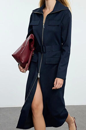 Moda Stil Regular Gömlek Yaka Midi Boy Fermuarlı Cep Detaylı Gabardin Kumaş Dokuma Gömlek Elbise