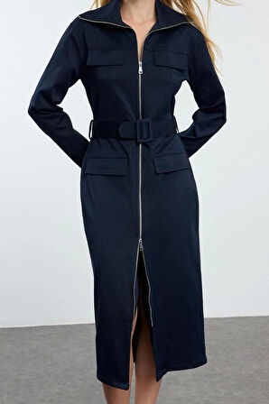 Moda Stil Regular Gömlek Yaka Midi Boy Fermuarlı Cep Detaylı Gabardin Kumaş Dokuma Gömlek Elbise