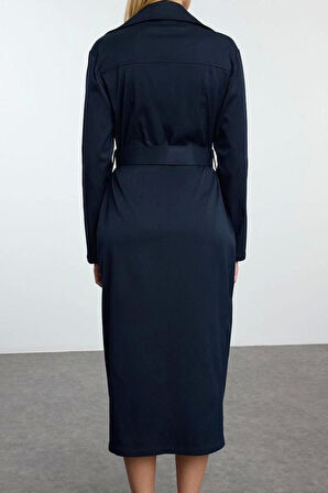 Moda Stil Regular Gömlek Yaka Midi Boy Fermuarlı Cep Detaylı Gabardin Kumaş Dokuma Gömlek Elbise