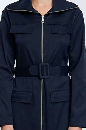 Moda Stil Regular Gömlek Yaka Midi Boy Fermuarlı Cep Detaylı Gabardin Kumaş Dokuma Gömlek Elbise