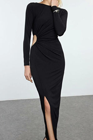 Moda Stil Fitted Bisiklet Yaka Midi Boy Pencere Cut Out Detaylı Dokuma Uzun Şık Abiye Elbise
