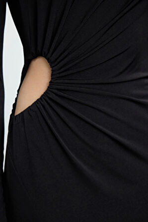 Moda Stil Fitted Bisiklet Yaka Midi Boy Pencere Cut Out Detaylı Dokuma Uzun Şık Abiye Elbise