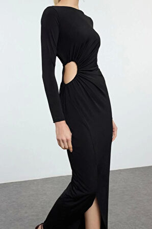 Moda Stil Fitted Bisiklet Yaka Midi Boy Pencere Cut Out Detaylı Dokuma Uzun Şık Abiye Elbise