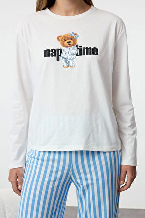Tarz Rahat Uzun Kollu Boru Paça Kadın %100 Pamuklu Çizgili Ayıcıklı Örme Pijama Takımı