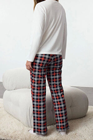 Tarz Rahat Uzun Kollu Boru Paça Kadın %100 Pamuklu Ekoseli Örme Pijama Takımı