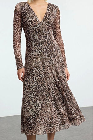 Moda Stil Regular V Yaka Midi Boy A-line Örme Elbise