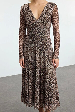 Moda Stil Regular V Yaka Midi Boy A-line Örme Elbise