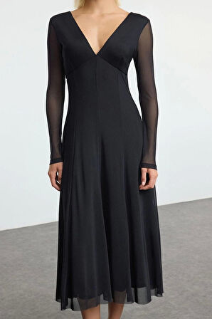 Moda Stil Regular V Yaka Midi Boy A-line Örme Elbise
