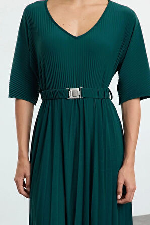 Moda Stil Regular V Yaka Maxi Boy Skater Kemerli Truvakar Kollu Esnek Örme Elbise