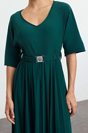 Moda Stil Regular V Yaka Maxi Boy Skater Kemerli Truvakar Kollu Esnek Örme Elbise