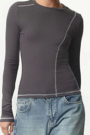 Stil Kadın Fitted Vücuda Oturan Karyoka Dikiş Detaylı Esnek Bluz Regular Örme Slim Kalıp