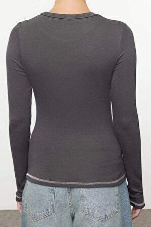 Stil Kadın Fitted Vücuda Oturan Karyoka Dikiş Detaylı Esnek Bluz Regular Örme Slim Kalıp