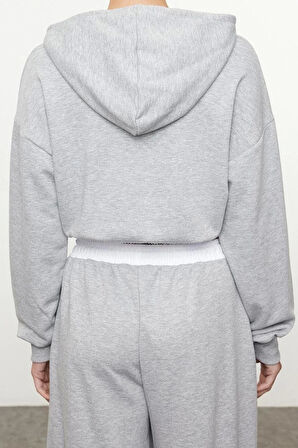 Tarz Crop Kapüşonlu Düşük Kol Crop Normal Kalıp Dokuma Garnili Kalın Örme Sweatshirt