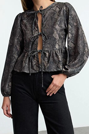 Stil Kadın Bağlama Detaylı Normal Kalıp Esnek Bluz Regular Örme Regular Kalıp Balon Kol