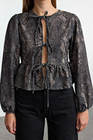 Stil Kadın Bağlama Detaylı Normal Kalıp Esnek Bluz Regular Örme Regular Kalıp Balon Kol