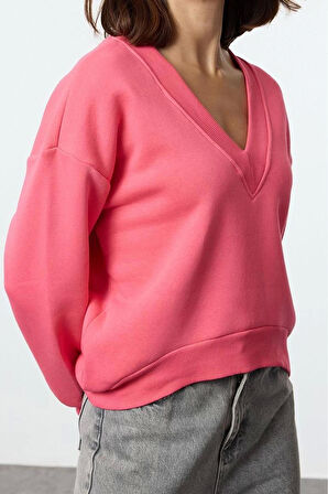 Regular V Yaka Düşük Kol Regular Basic Normal Kalıp V yaka Kalın İçi Polarlı Örme Sweatshirt