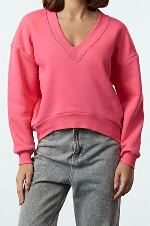Regular V Yaka Düşük Kol Regular Basic Normal Kalıp V yaka Kalın İçi Polarlı Örme Sweatshirt