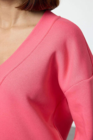 Regular V Yaka Düşük Kol Regular Basic Normal Kalıp V yaka Kalın İçi Polarlı Örme Sweatshirt