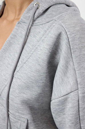 Tarz Bol Kapüşonlu Düşük Kol Uzun Overize Geniş Kalıp Kalın İçi Polarlı V Yaka Örme Sweatshirt