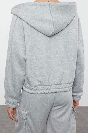 Tarz Bol Kapüşonlu Düşük Kol Uzun Overize Geniş Kalıp Kalın İçi Polarlı V Yaka Örme Sweatshirt
