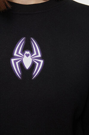 Crop Bisiklet Yaka Düşük Kol Crop Örümcek Baskılı Normal Kalıp Kalın Polarlı Örme Sweatshirt