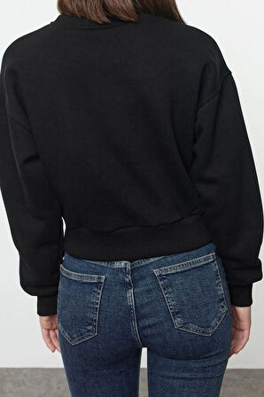Crop Bisiklet Yaka Düşük Kol Crop Örümcek Baskılı Normal Kalıp Kalın Polarlı Örme Sweatshirt