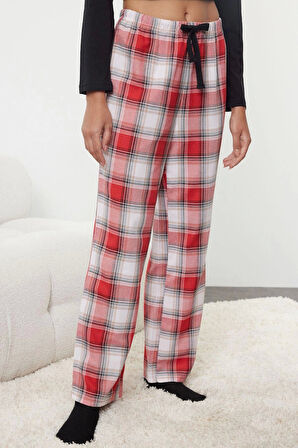 Tarz Rahat Uzun Kollu Geniş Paça Kadın %100 Pamuklu Kalpli Ekoseli Örme Pijama Takımı