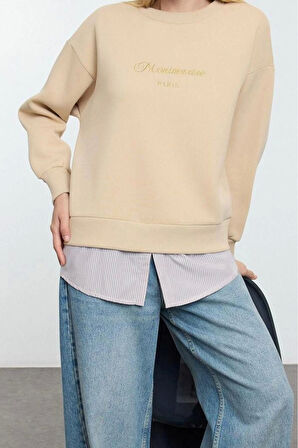Relaxed Bisiklet Yaka Düşük Kol Uzun Slogan Baskılı ve Poplin Rahat Kalıp Örme Sweatshirt