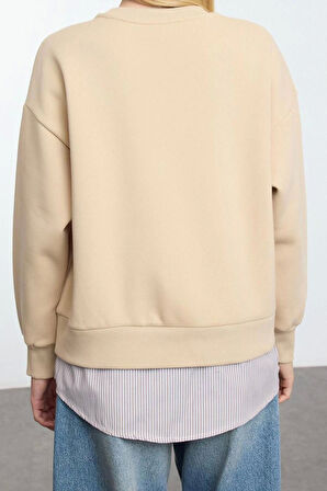 Relaxed Bisiklet Yaka Düşük Kol Uzun Slogan Baskılı ve Poplin Rahat Kalıp Örme Sweatshirt
